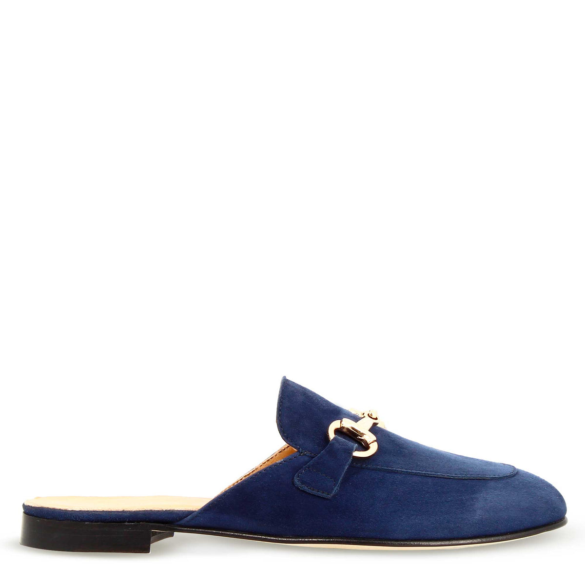 Sabot da donna in pelle scamosciata blu con fibbia oro - LeonardoShoes