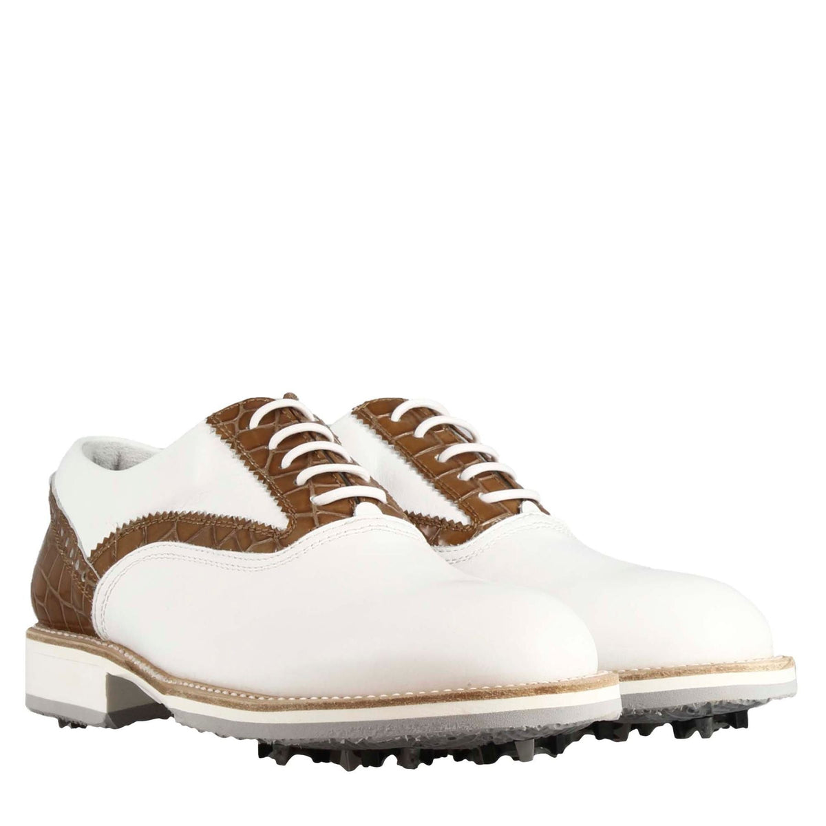 Scarpe da golf artigianali in pelle bianca con dettagli in colore marrone chiaro. - LeonardoShoes