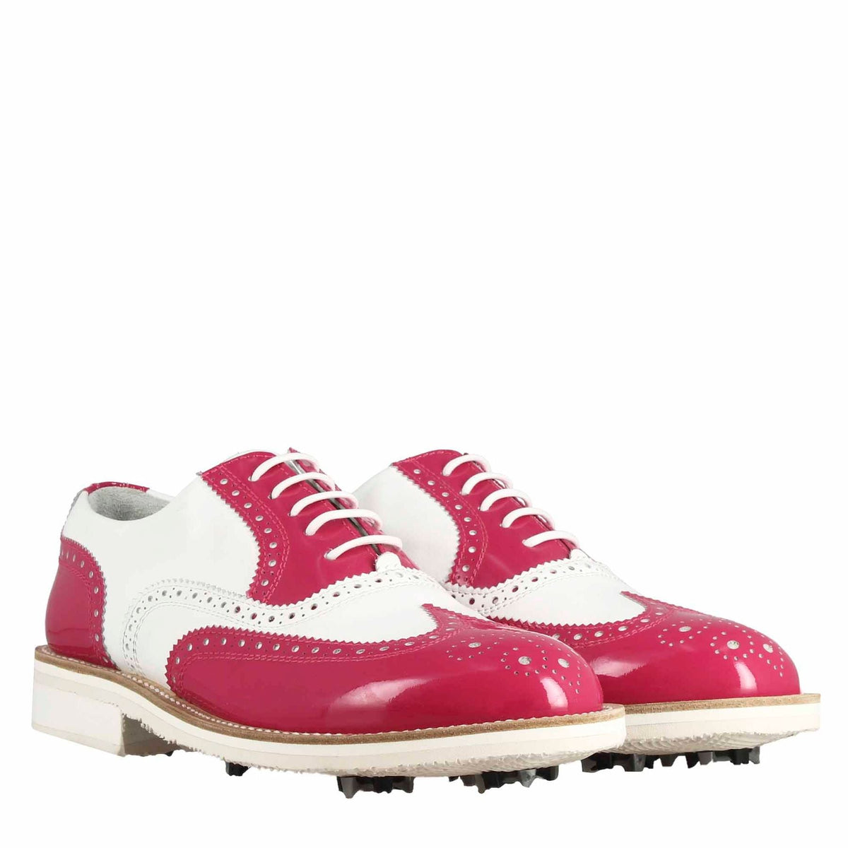 Scarpe golf fatte a mano in pelle lucida colore bianco rosa. - LeonardoShoes