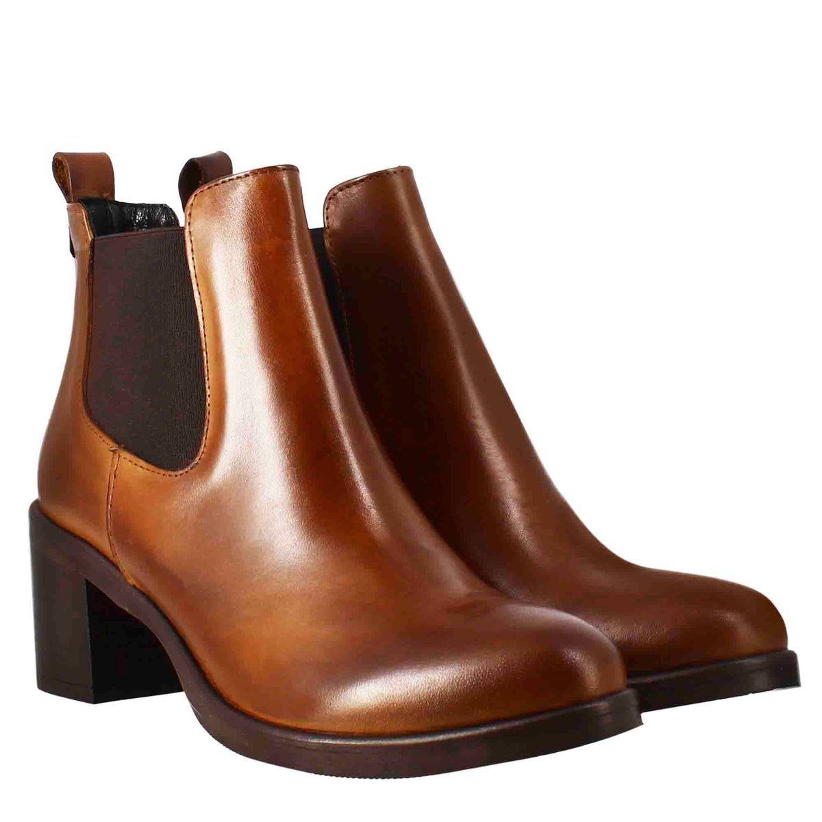 Chelsea da donna liscio con tacco medio in pelle marrone - LeonardoShoes