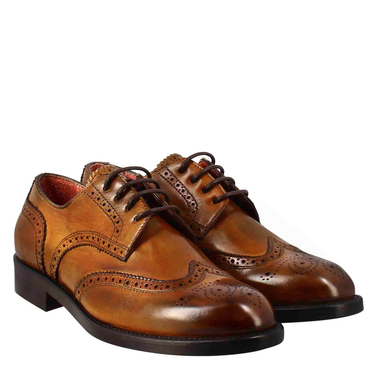 Derby da donna con effetto brogue in pelle colore marrone chiaro - LeonardoShoes