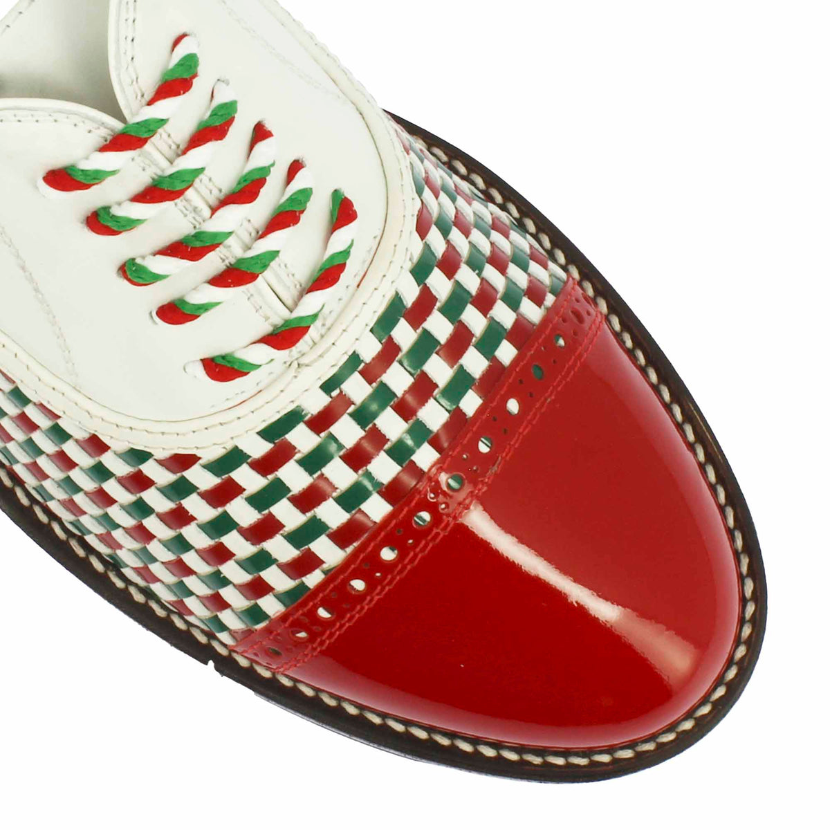 Scarpe da golf artigianali in pelle intrecciata bianca verde e rossa - LeonardoShoes
