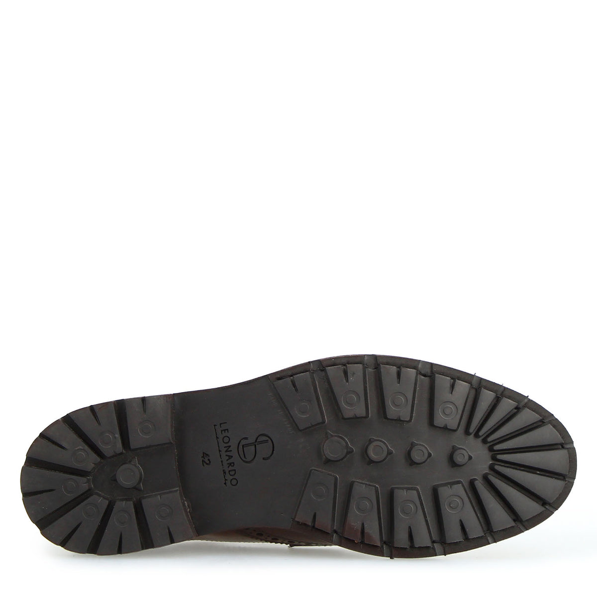Lugged rubber sole stamped Leonardo on the Massimo dark brown derby