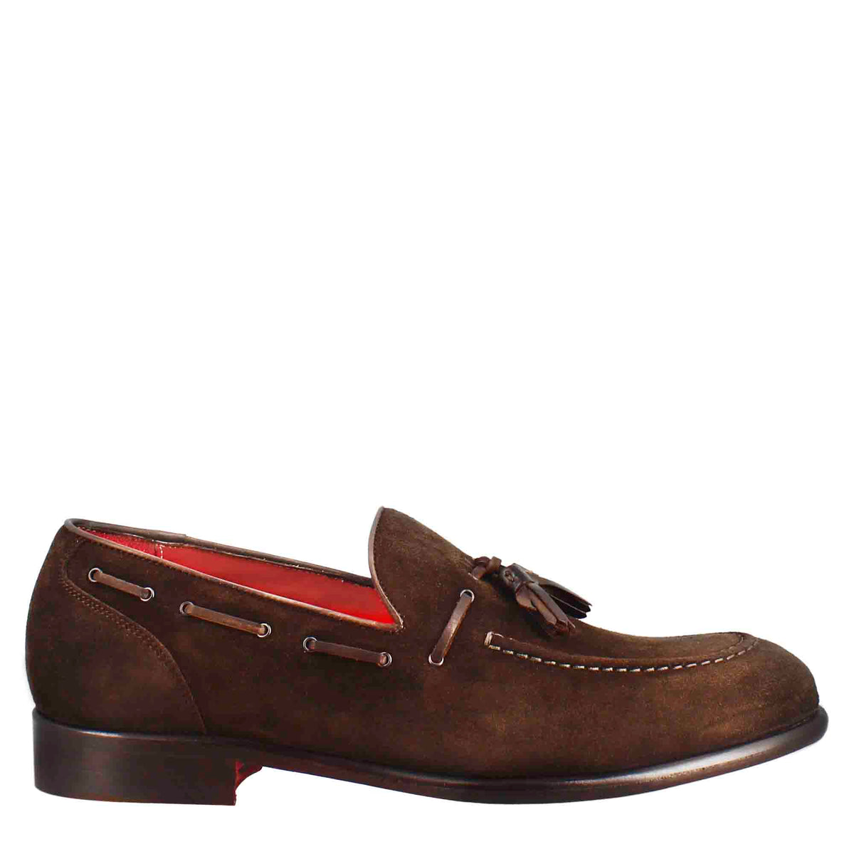 Mocassino con nappine da uomo in pelle scamosciata colore marrone scuro - LeonardoShoes