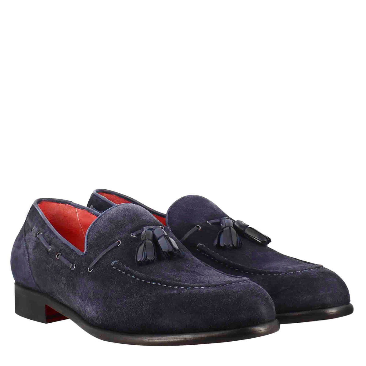 Mocassini con nappine da uomo in pelle scamosciata colore blu scuro