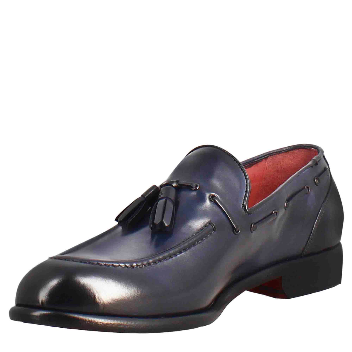 Mocassino con nappine da uomo in pelle colore blu scuro - LeonardoShoes