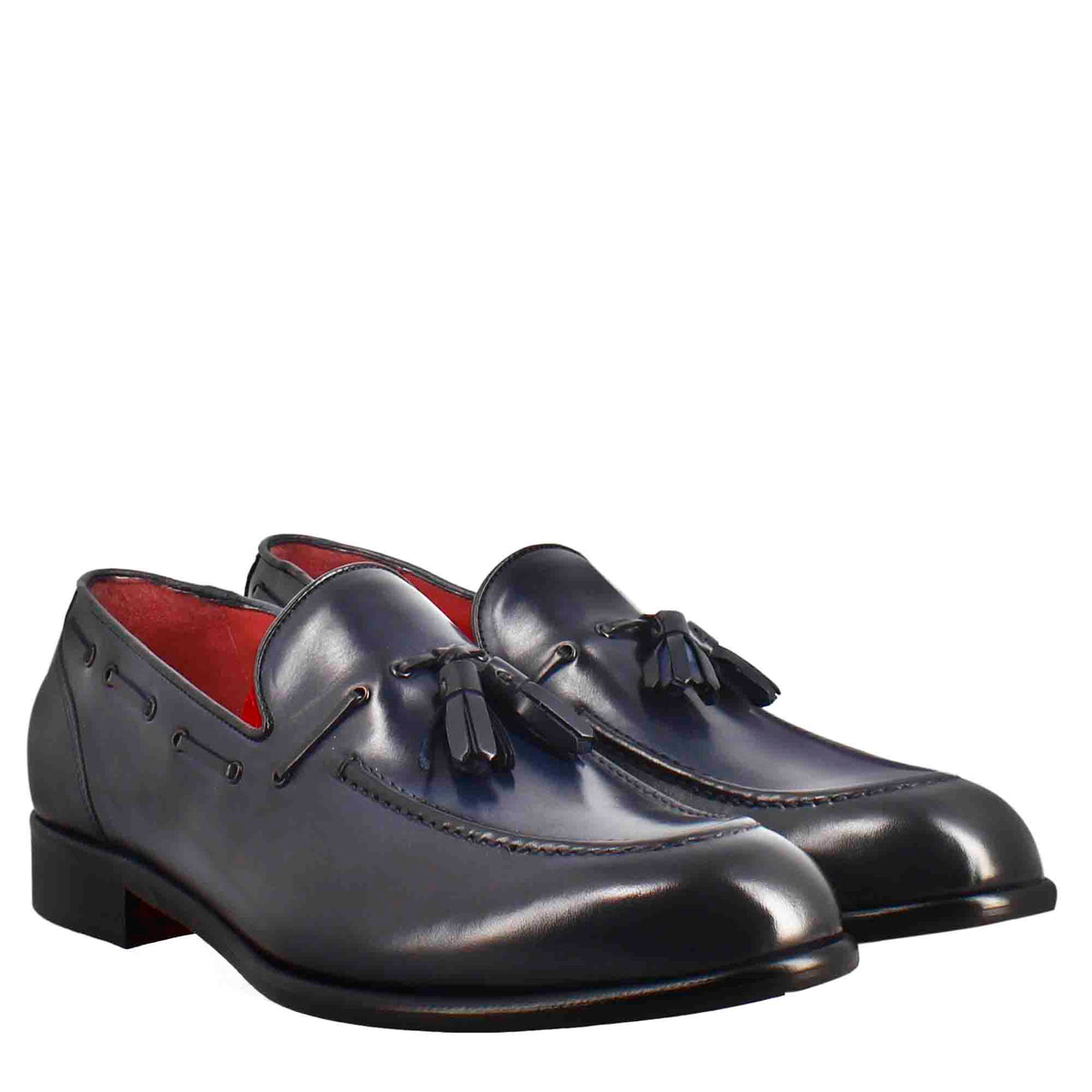 Mocassino con nappine da uomo in pelle colore blu scuro - LeonardoShoes