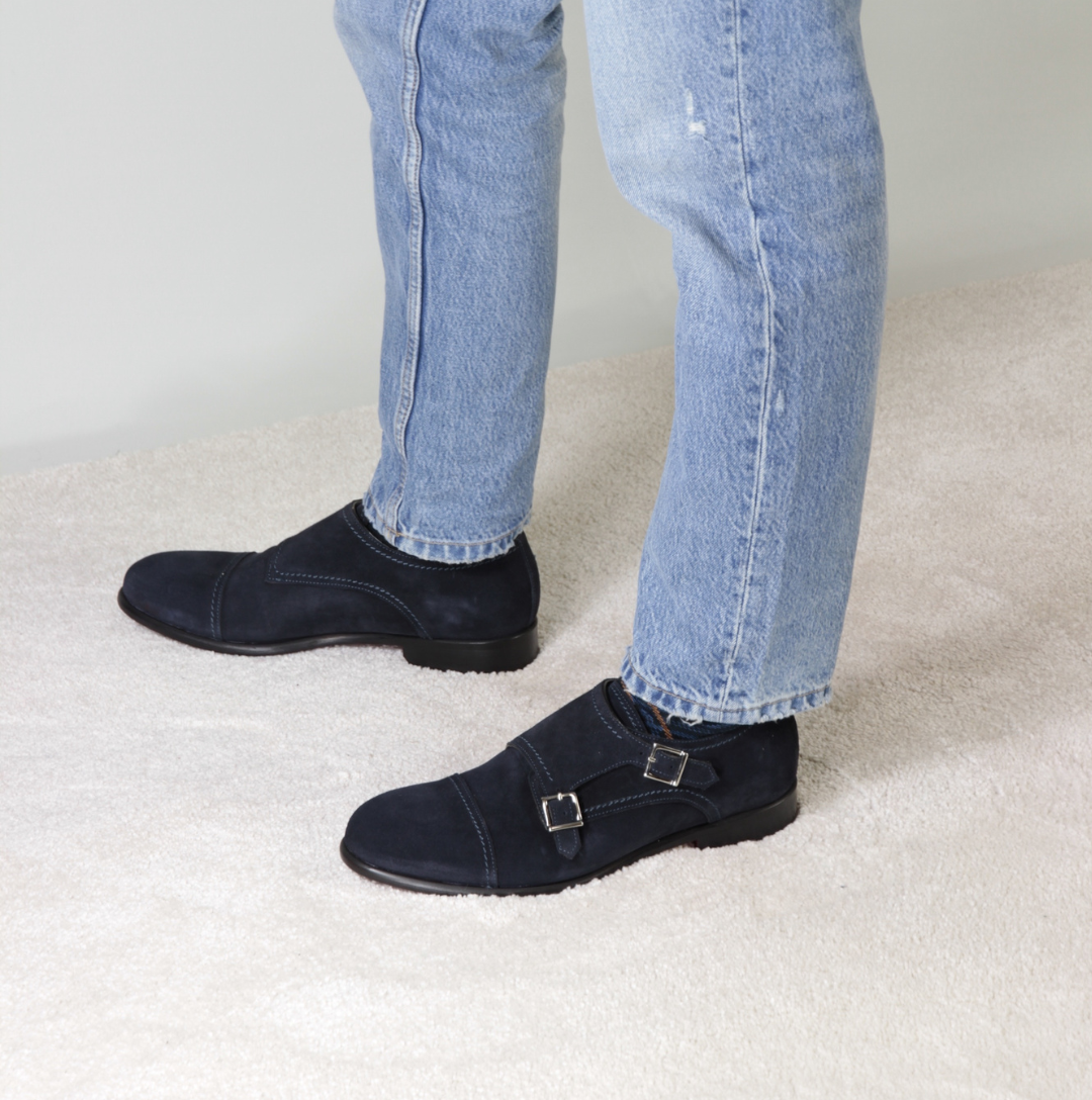 Scarpa doppia fibbia da uomo in pelle scamosciata colore blu - LeonardoShoes