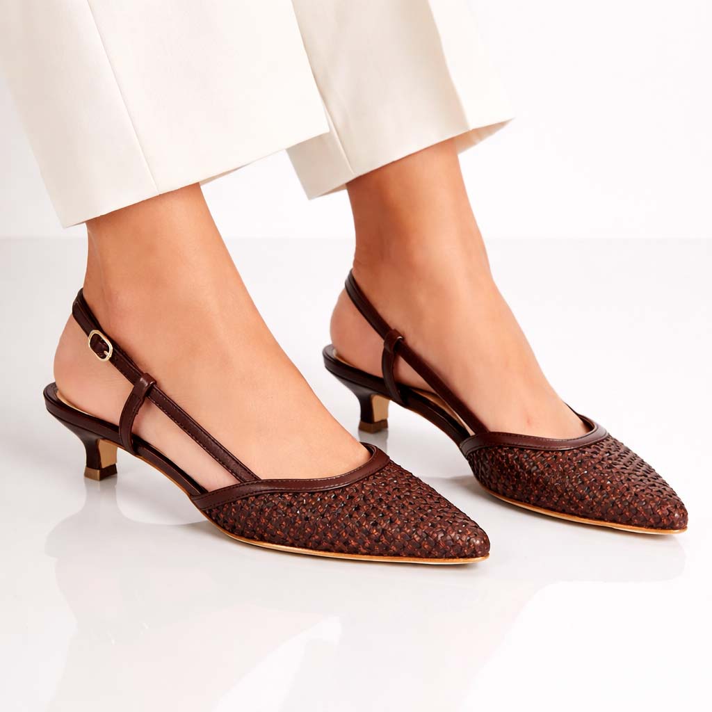 Aminta Sandalo slingback artigianale in pelle intrecciata moro - LeonardoShoes
