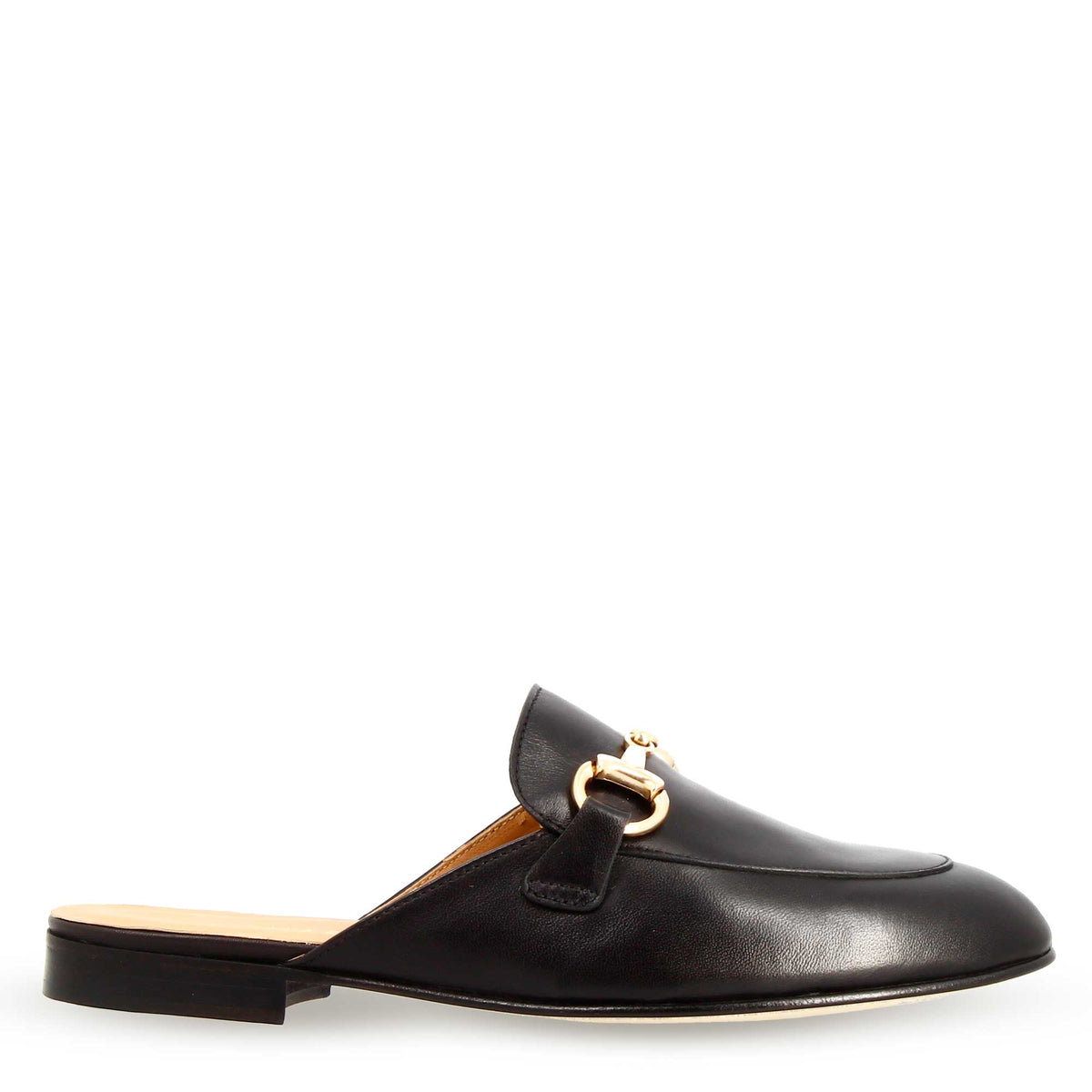 Scarpe mules con morsetto da donna artigianali in pelle color nero. - LeonardoShoes