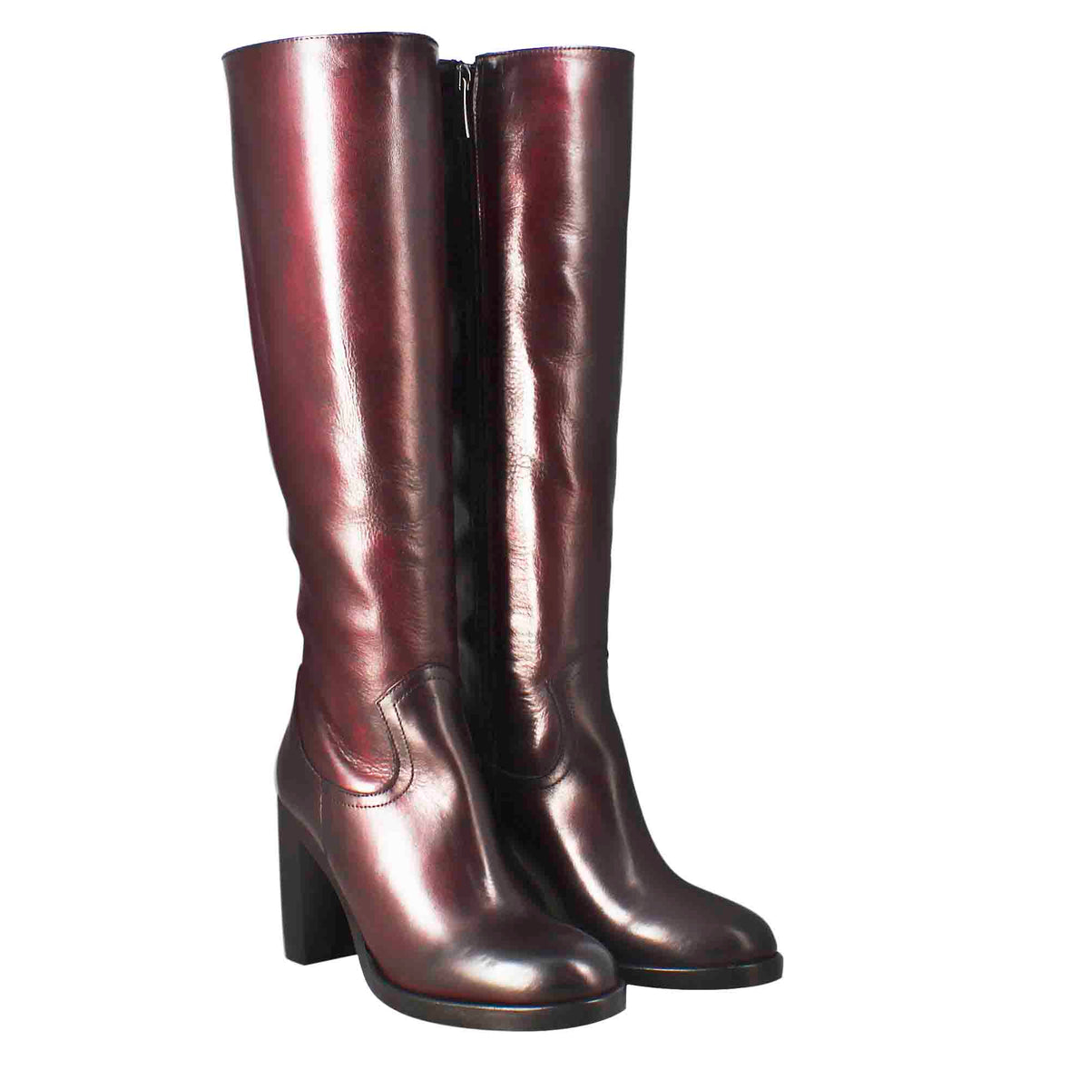 Stivale al ginocchio da donna liscio con tacco alto in pelle bordeaux - LeonardoShoes