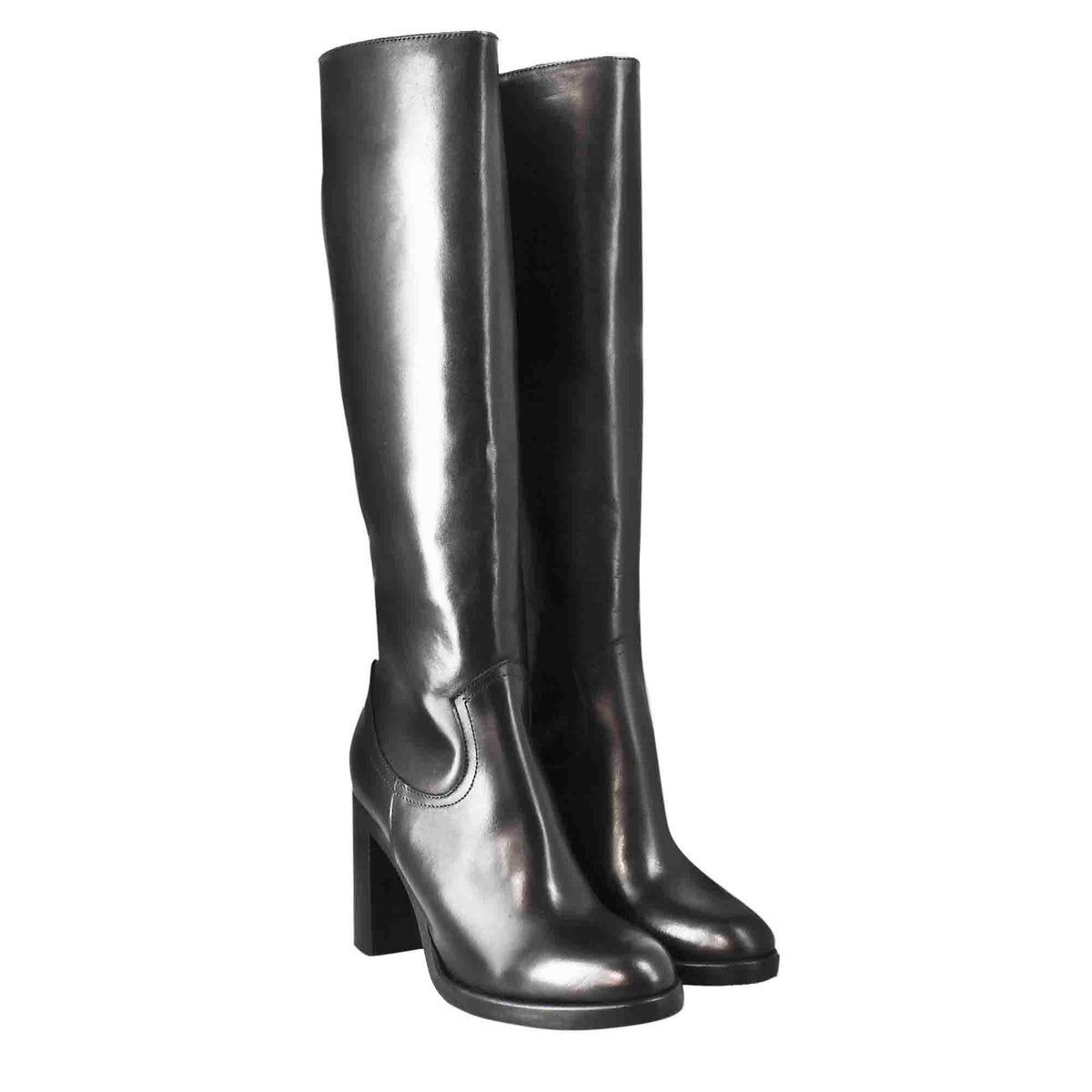 Stivale al ginocchio da donna liscio con tacco alto in pelle nero - LeonardoShoes