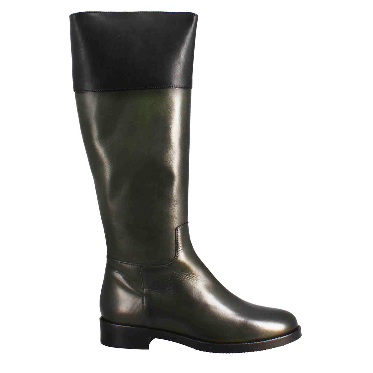 Stivale al ginocchio da donna liscio con tacco basso in pelle verde e nero - LeonardoShoes