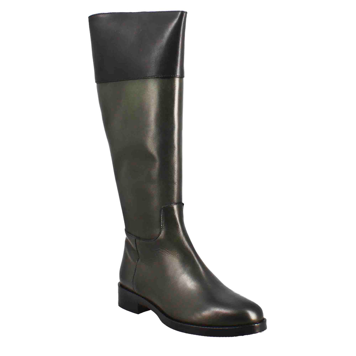 Stivale al ginocchio da donna liscio con tacco basso in pelle verde e nero - LeonardoShoes