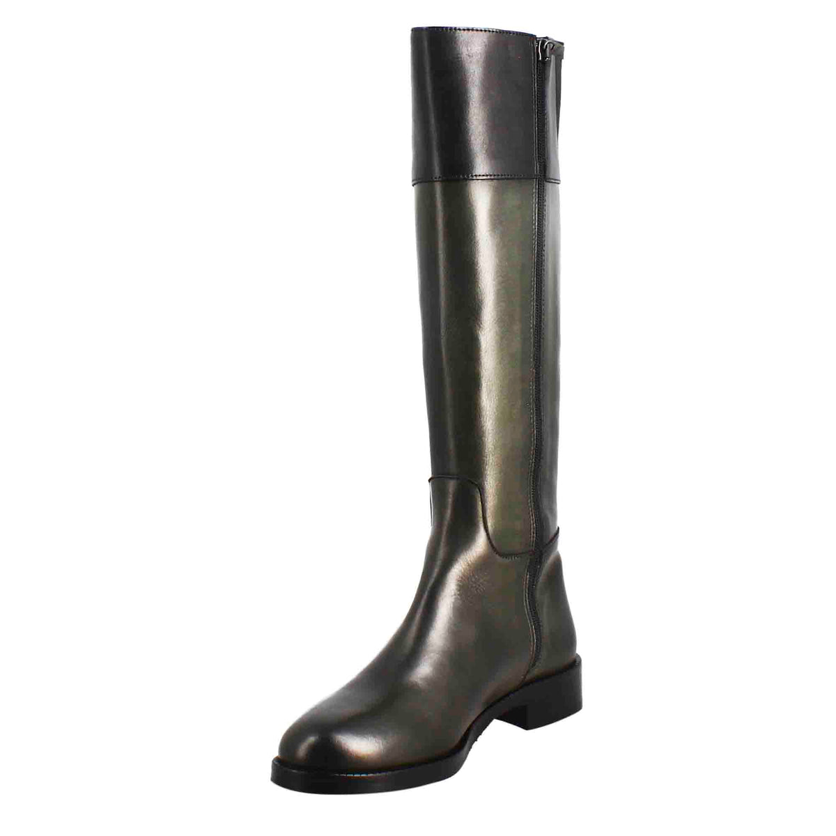 Stivale al ginocchio da donna liscio con tacco basso in pelle verde e nero - LeonardoShoes