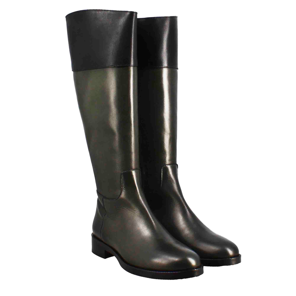 Stivale al ginocchio da donna liscio con tacco basso in pelle verde e nero - LeonardoShoes