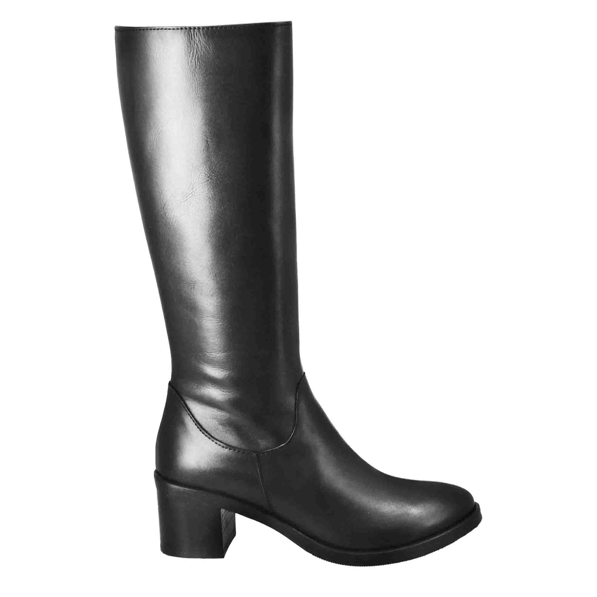 Stivali al ginocchio da donna liscio con tacco medio in pelle nero - LeonardoShoes