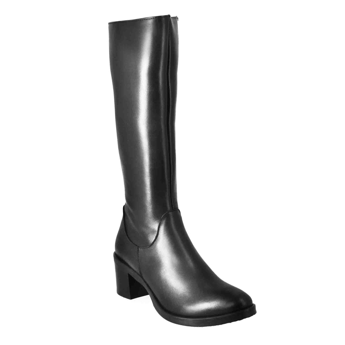 Stivali al ginocchio da donna liscio con tacco medio in pelle nero - LeonardoShoes