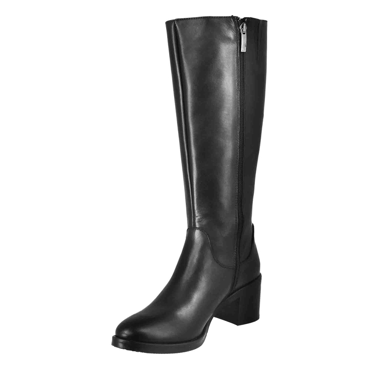 Stivali al ginocchio da donna liscio con tacco medio in pelle nero - LeonardoShoes