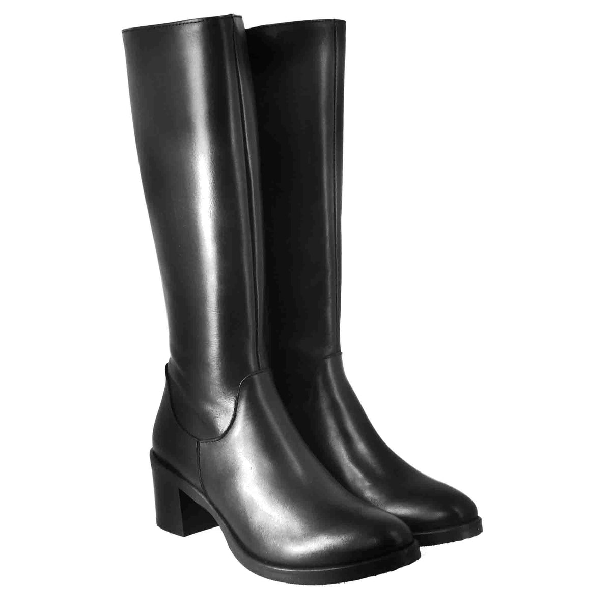Stivali al ginocchio da donna liscio con tacco medio in pelle nero - LeonardoShoes