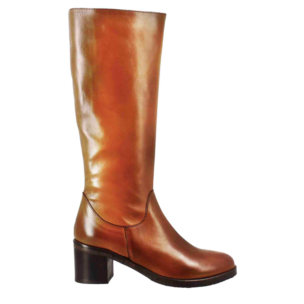 Stivale al ginocchio da donna liscio con tacco medio in pelle marrone - LeonardoShoes