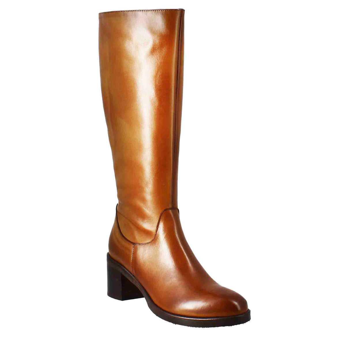 Stivale al ginocchio da donna liscio con tacco medio in pelle marrone - LeonardoShoes
