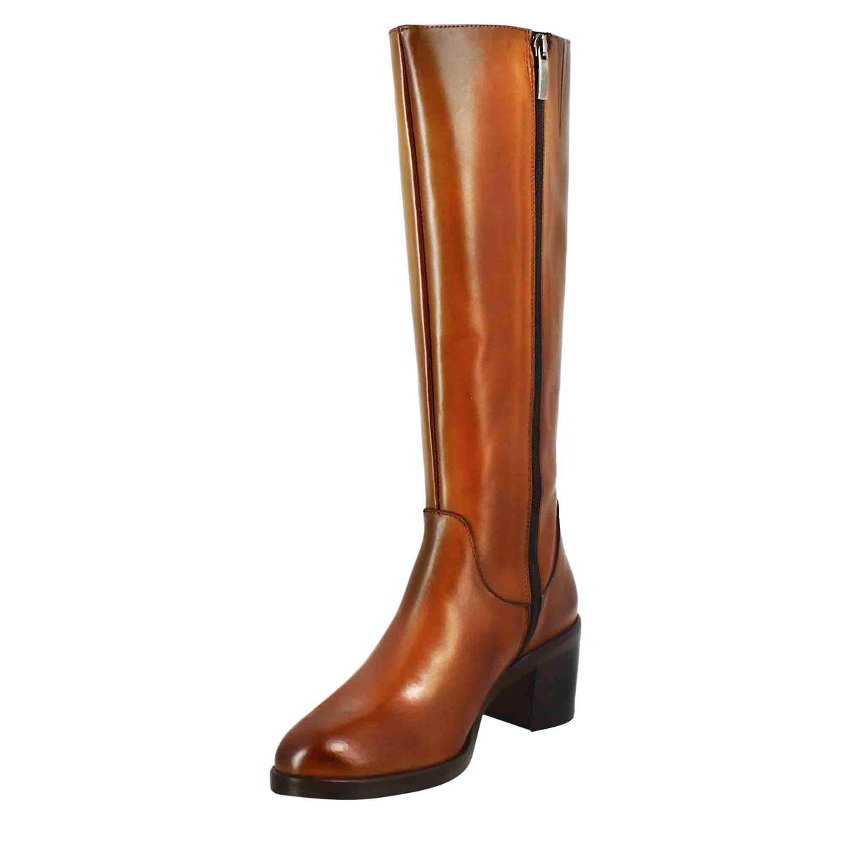 Stivale al ginocchio da donna liscio con tacco medio in pelle marrone - LeonardoShoes