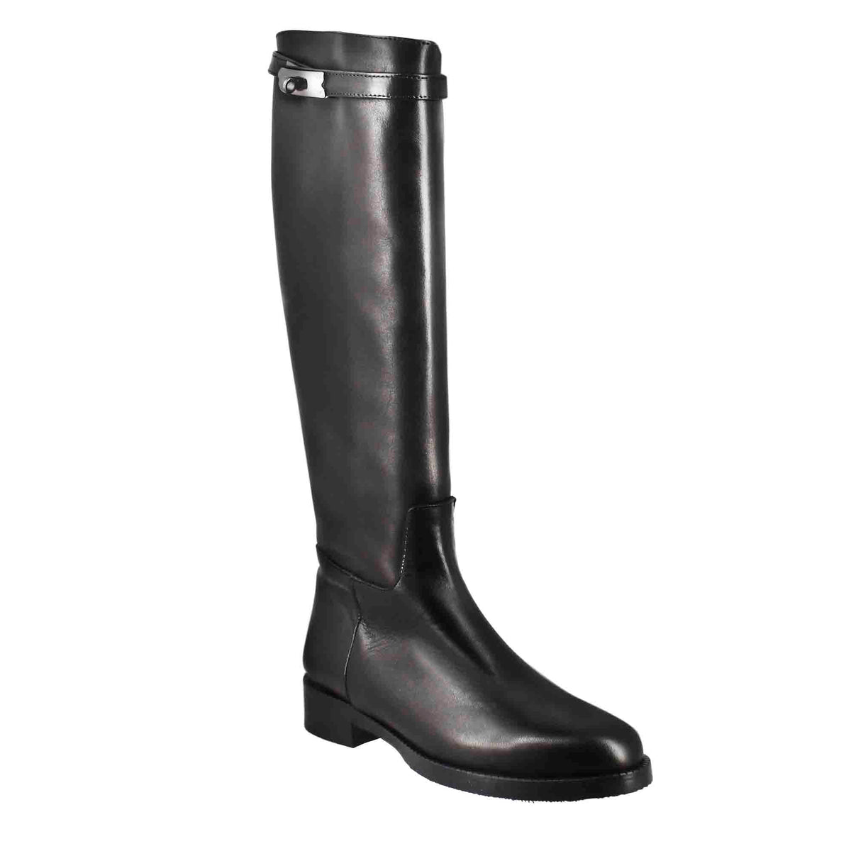 Stivale al ginocchio da donna liscio con tacco basso in pelle colore nero - LeonardoShoes