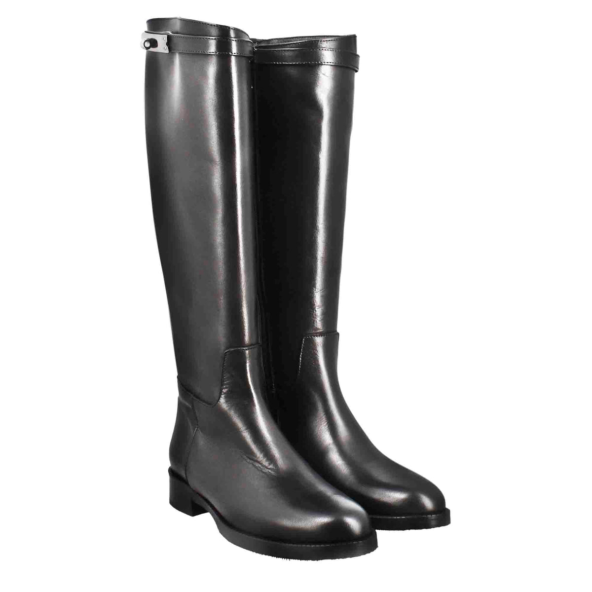 Stivale al ginocchio da donna liscio con tacco basso in pelle colore nero - LeonardoShoes