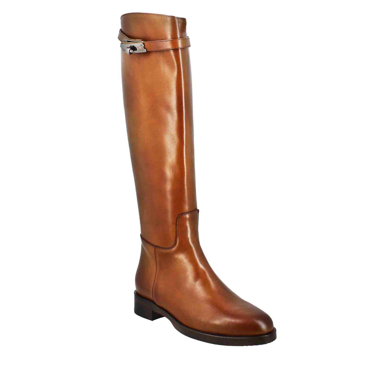 Stivale al ginocchio da donna liscio con tacco basso in pelle colore tabacco - LeonardoShoes