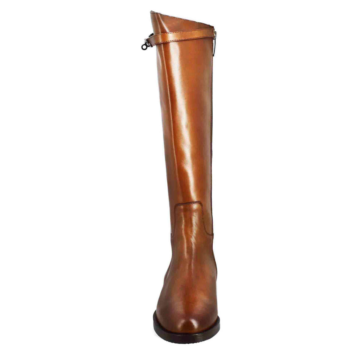 Stivale al ginocchio da donna liscio con tacco basso in pelle colore tabacco - LeonardoShoes