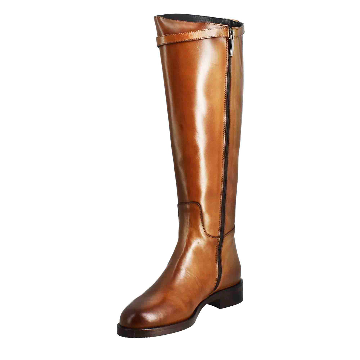 Stivale al ginocchio da donna liscio con tacco basso in pelle colore tabacco - LeonardoShoes