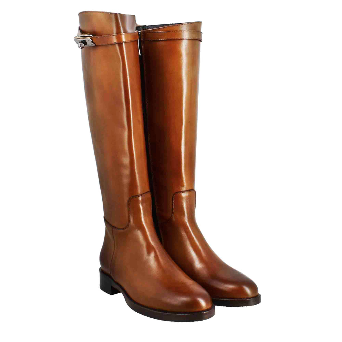 Stivale al ginocchio da donna liscio con tacco basso in pelle colore tabacco - LeonardoShoes