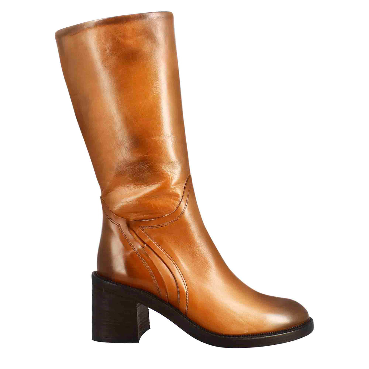 Stivale diver altezza polpaccio da donna con tacco in pelle lavata colore cuoio scuro - LeonardoShoes