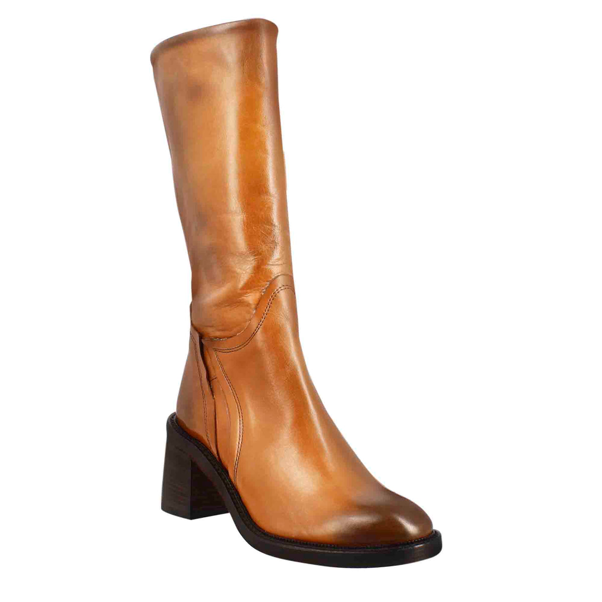 Stivale diver altezza polpaccio da donna con tacco in pelle lavata colore cuoio scuro - LeonardoShoes