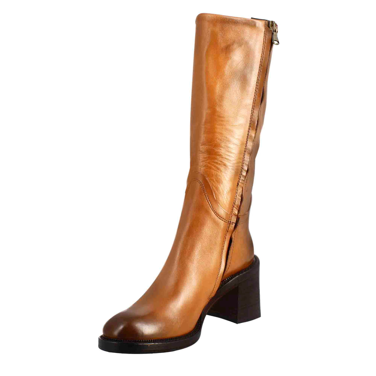 Stivale diver altezza polpaccio da donna con tacco in pelle lavata colore cuoio scuro - LeonardoShoes