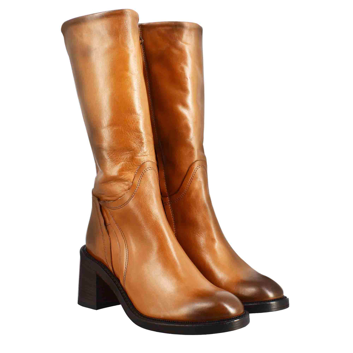 Stivale diver altezza polpaccio da donna con tacco in pelle lavata colore cuoio scuro - LeonardoShoes