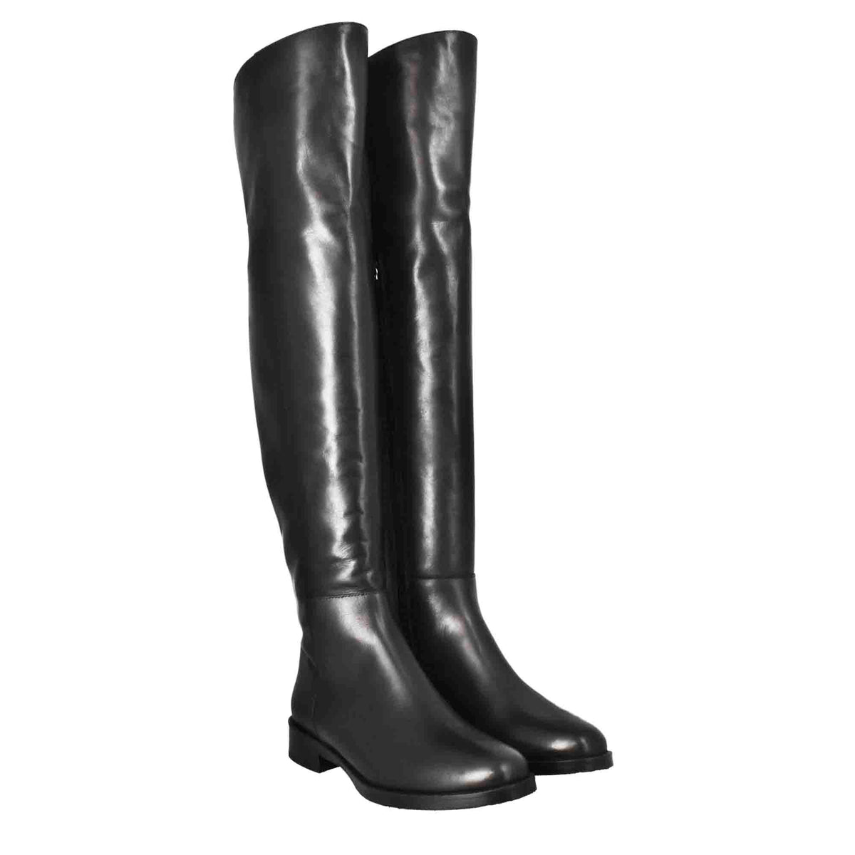 Stivali sopra al ginocchio da donna liscio con tacco basso in pelle colore nero - LeonardoShoes