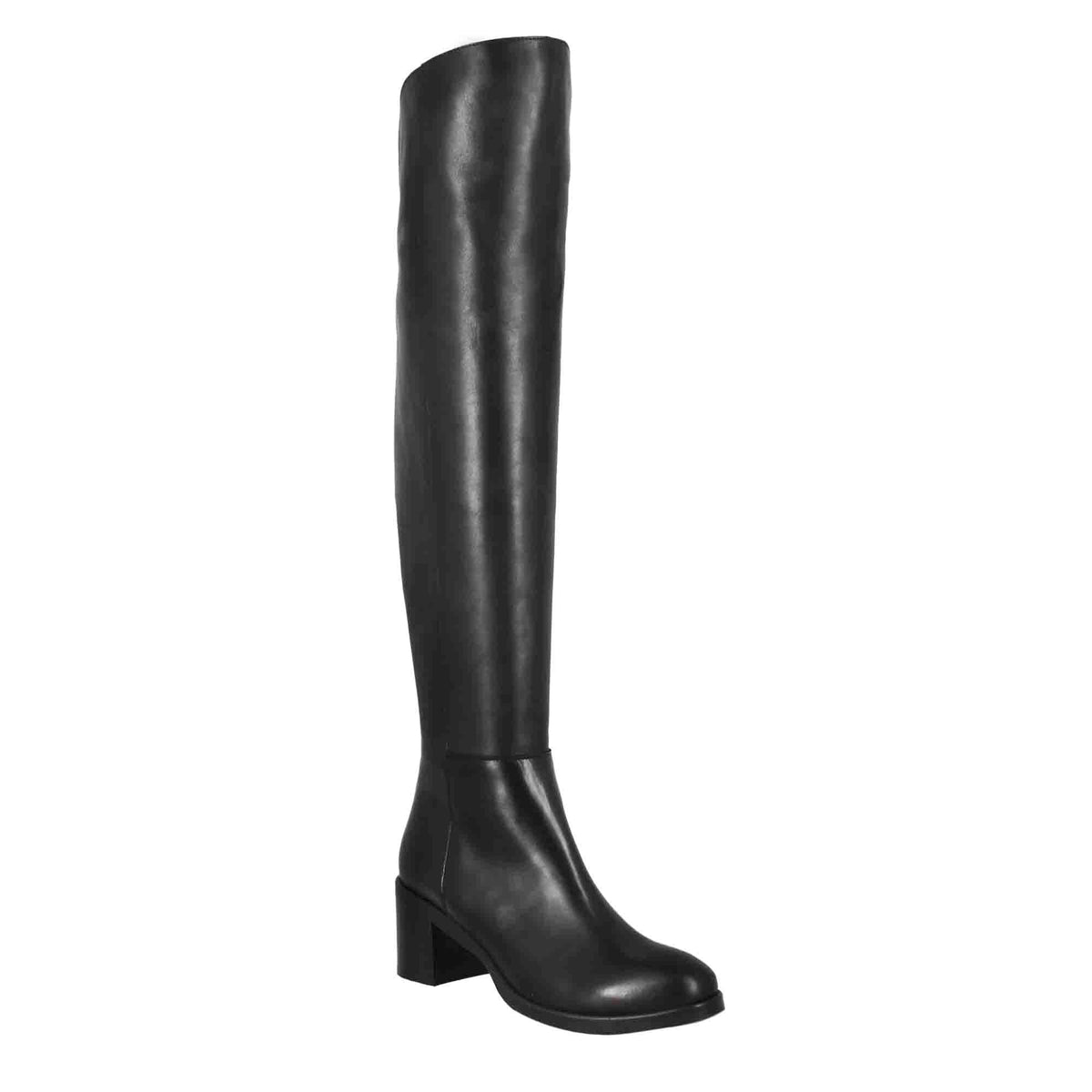 Stivale sopra il ginocchio da donna liscio con tacco medio in pelle nero - LeonardoShoes