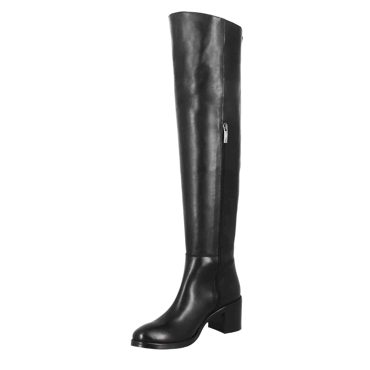 Stivale sopra il ginocchio da donna liscio con tacco medio in pelle nero - LeonardoShoes