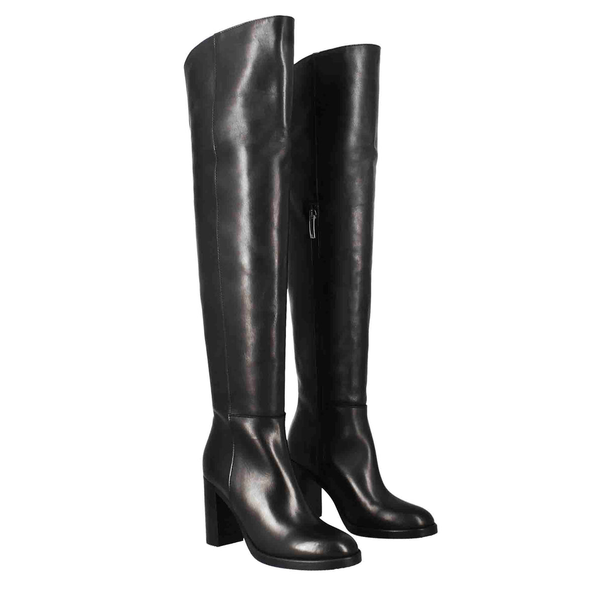 Stivale sopra il ginocchio da donna con tacco alto in pelle colore nero - LeonardoShoes