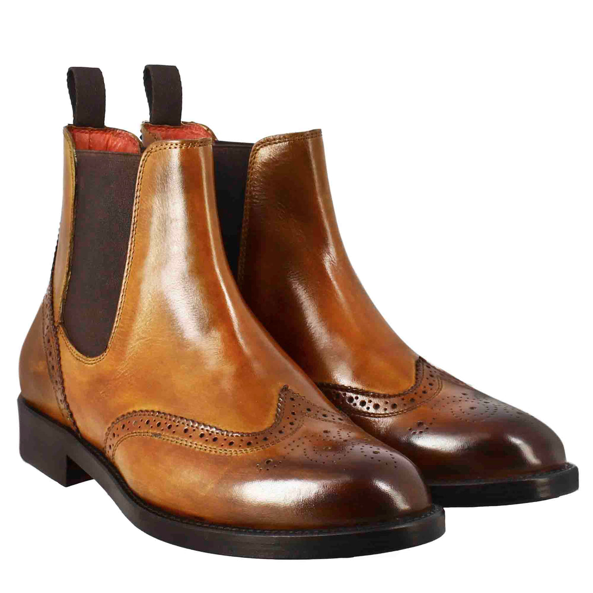 Stivaletto da donna chelsea con dettagli brogue in pelle marrone chiaro - LeonardoShoes
