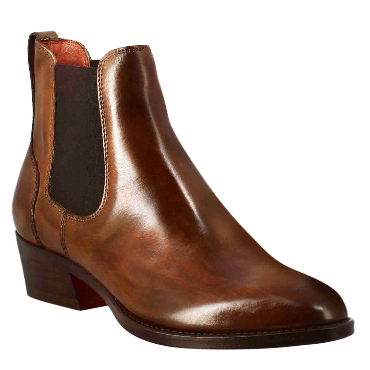 Stivaletto chelsea da donna liscio con tacco medio in pelle colore marrone - LeonardoShoes