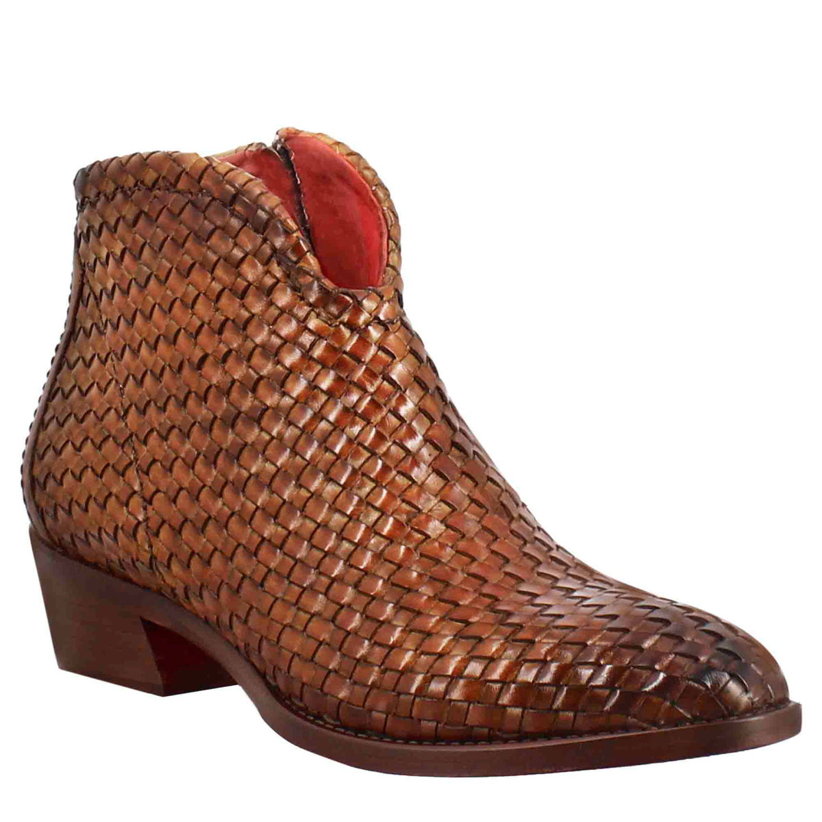 Stivaletto da donna con tacco medio in pelle intrecciata colore marrone chiaro - LeonardoShoes