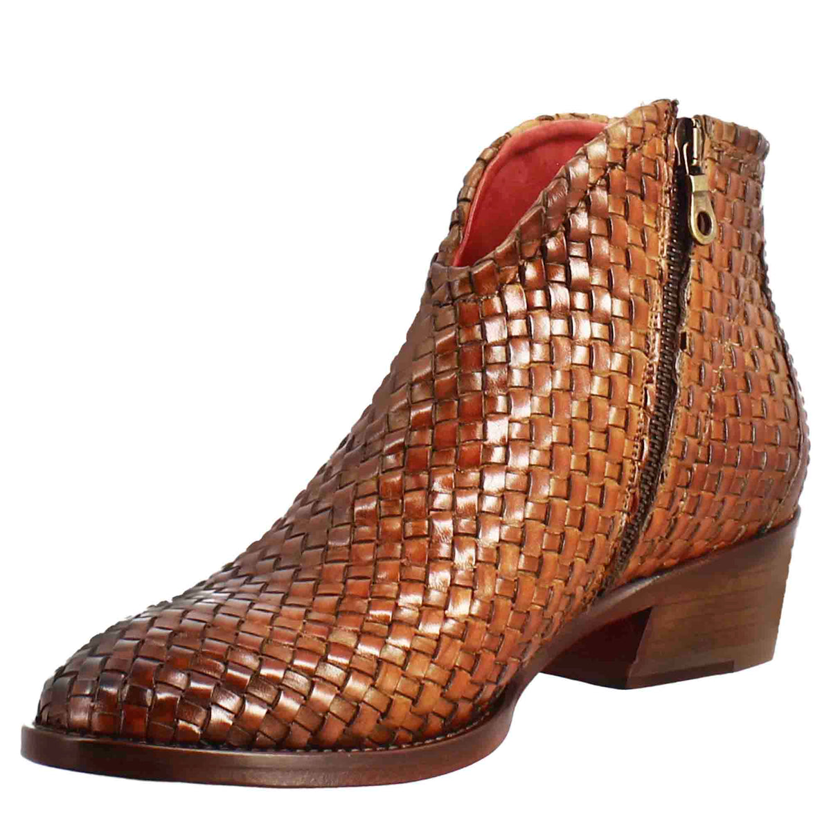 Stivaletto da donna con tacco medio in pelle intrecciata colore marrone chiaro - LeonardoShoes
