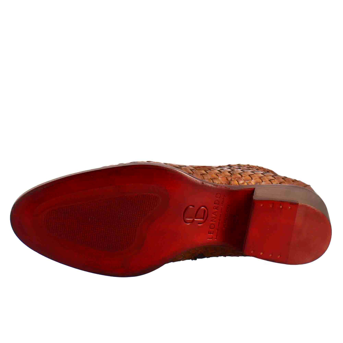 Stivaletto da donna con tacco medio in pelle intrecciata colore marrone chiaro - LeonardoShoes