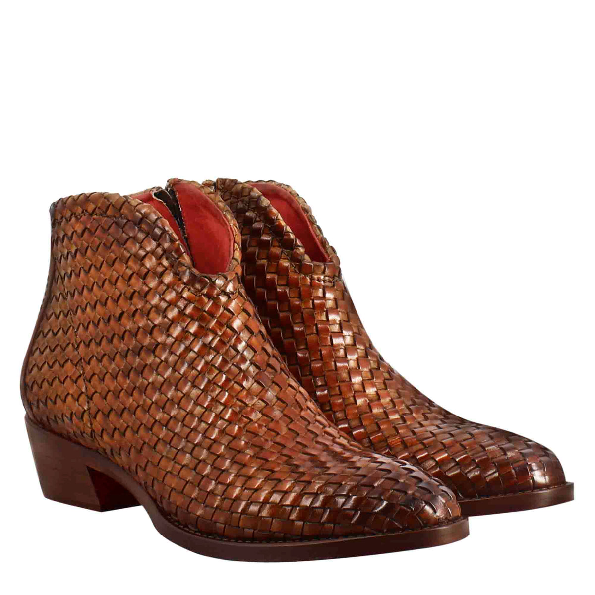 Stivaletto da donna con tacco medio in pelle intrecciata colore marrone chiaro - LeonardoShoes