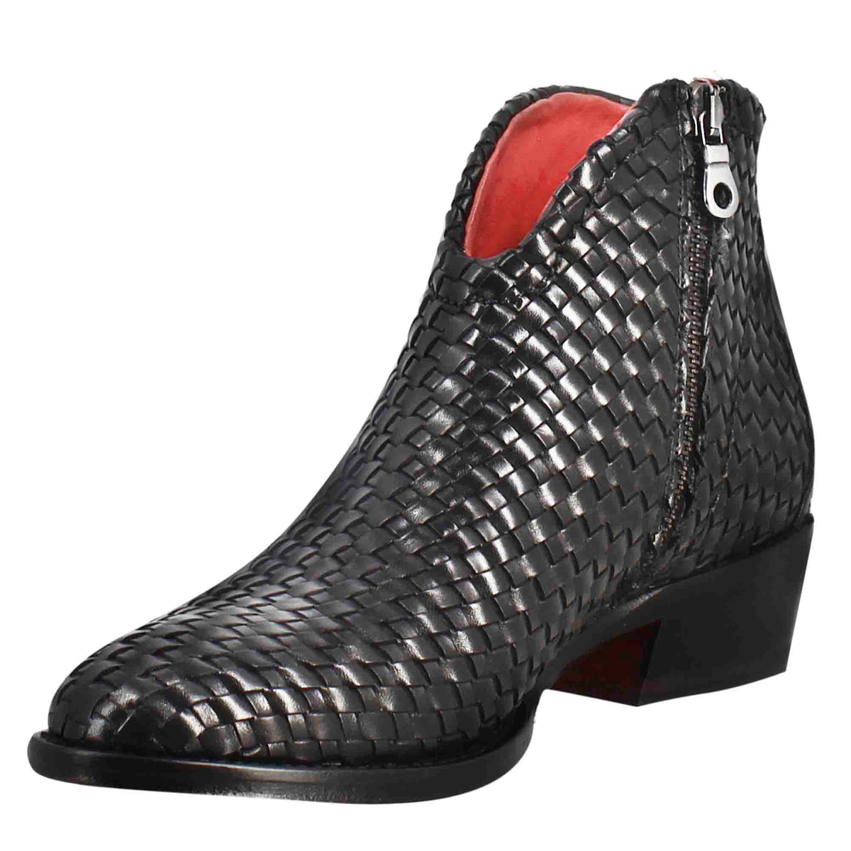 Stivaletto da donna con tacco medio in pelle intrecciata colore nero - LeonardoShoes