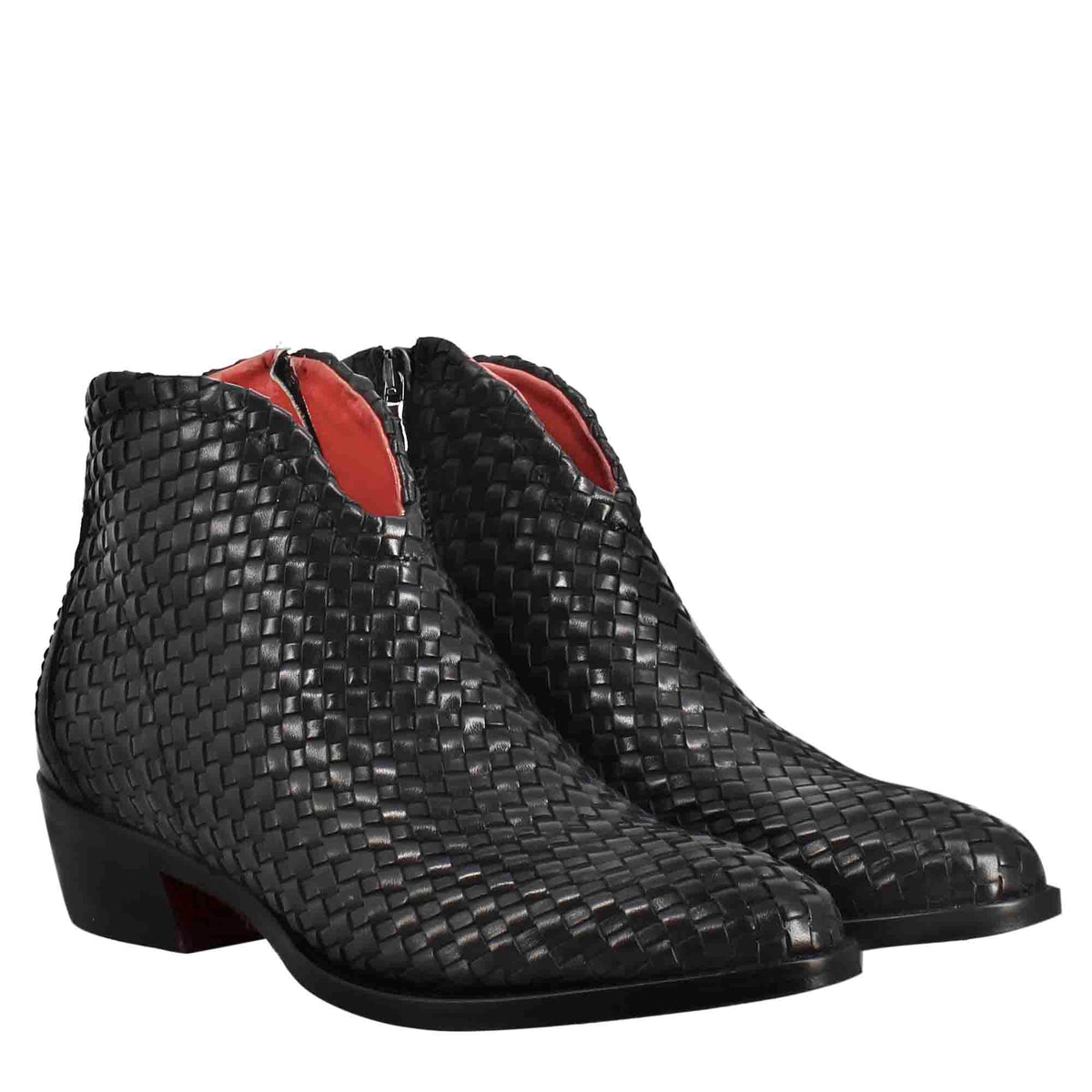 Stivaletto da donna con tacco medio in pelle intrecciata colore nero - LeonardoShoes