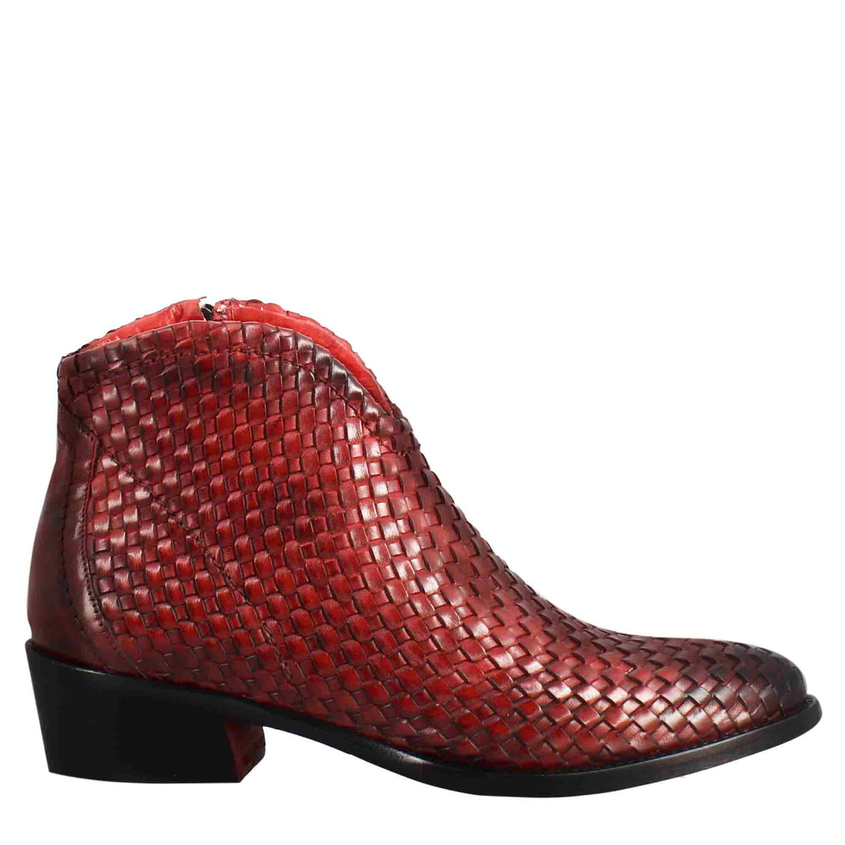 Stivaletto da donna in pelle intrecciata con tacco medio colore rosso - LeonardoShoes